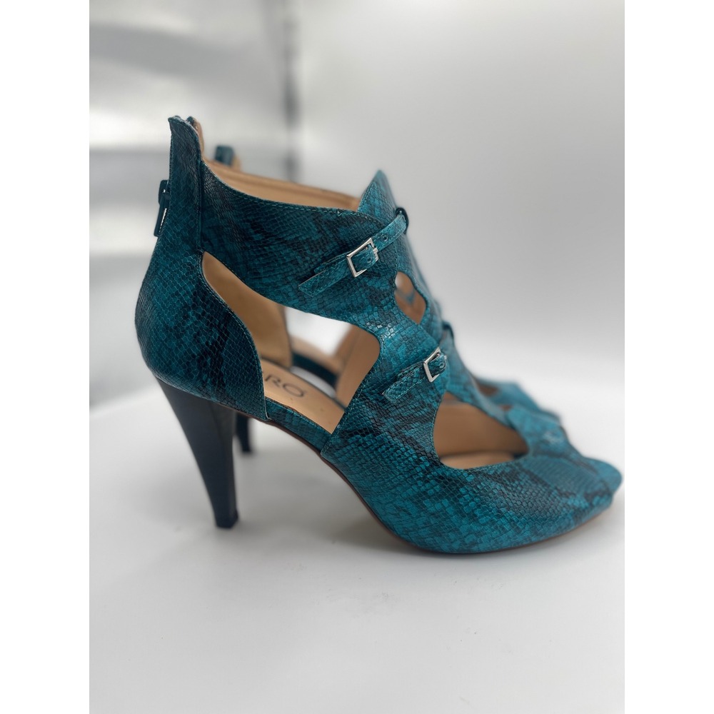 ASHRO Heels Open Toe Snake Print Buckle Accents Teal Blue Size 11M